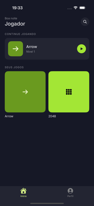 Tela inicial do Miolim, com os jogos Arrow e 2048