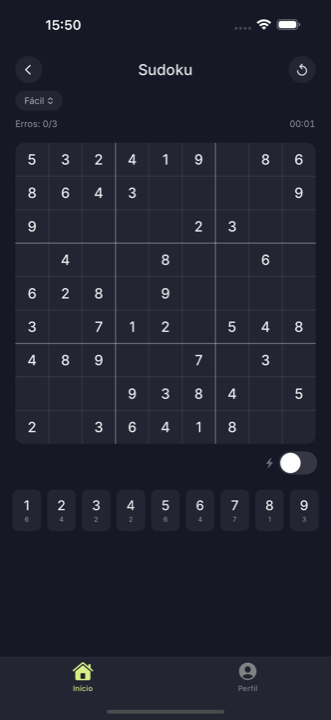 Tabuleiro do jogo Sudoku, com números preenchidos